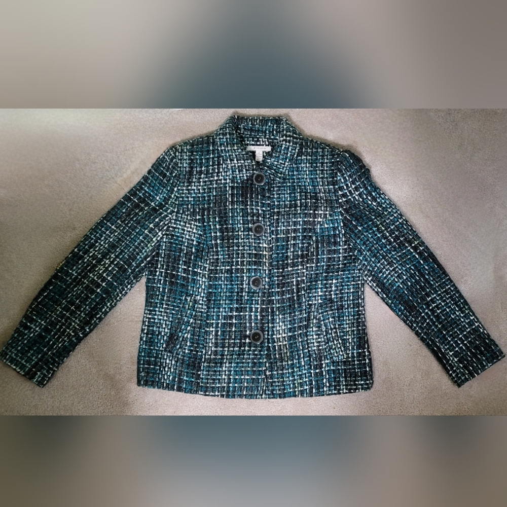 Vintage JM Collection Women's Tweed Plaid Pattern Jacket Teal,Blk, White Sz 12 - Picture 10 of 12